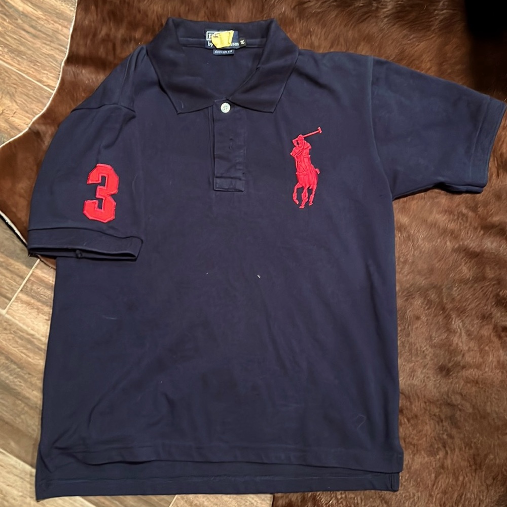 Polo by Ralph Lauren, navy blue polo with enlarged embroidered polo insignia. M
